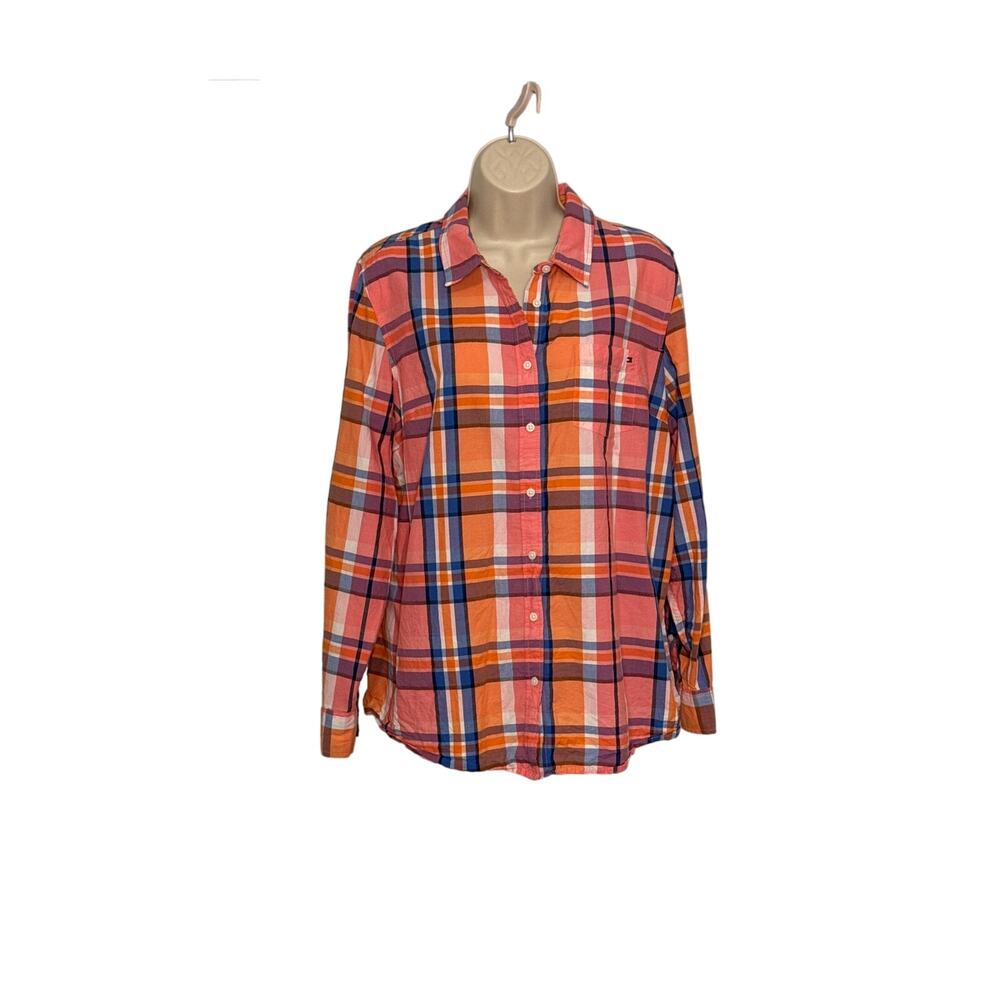Tommy Hilfiger Womens XL Relaxed Fit Plaid Button Down‎ Shirt Orange Pink Blue